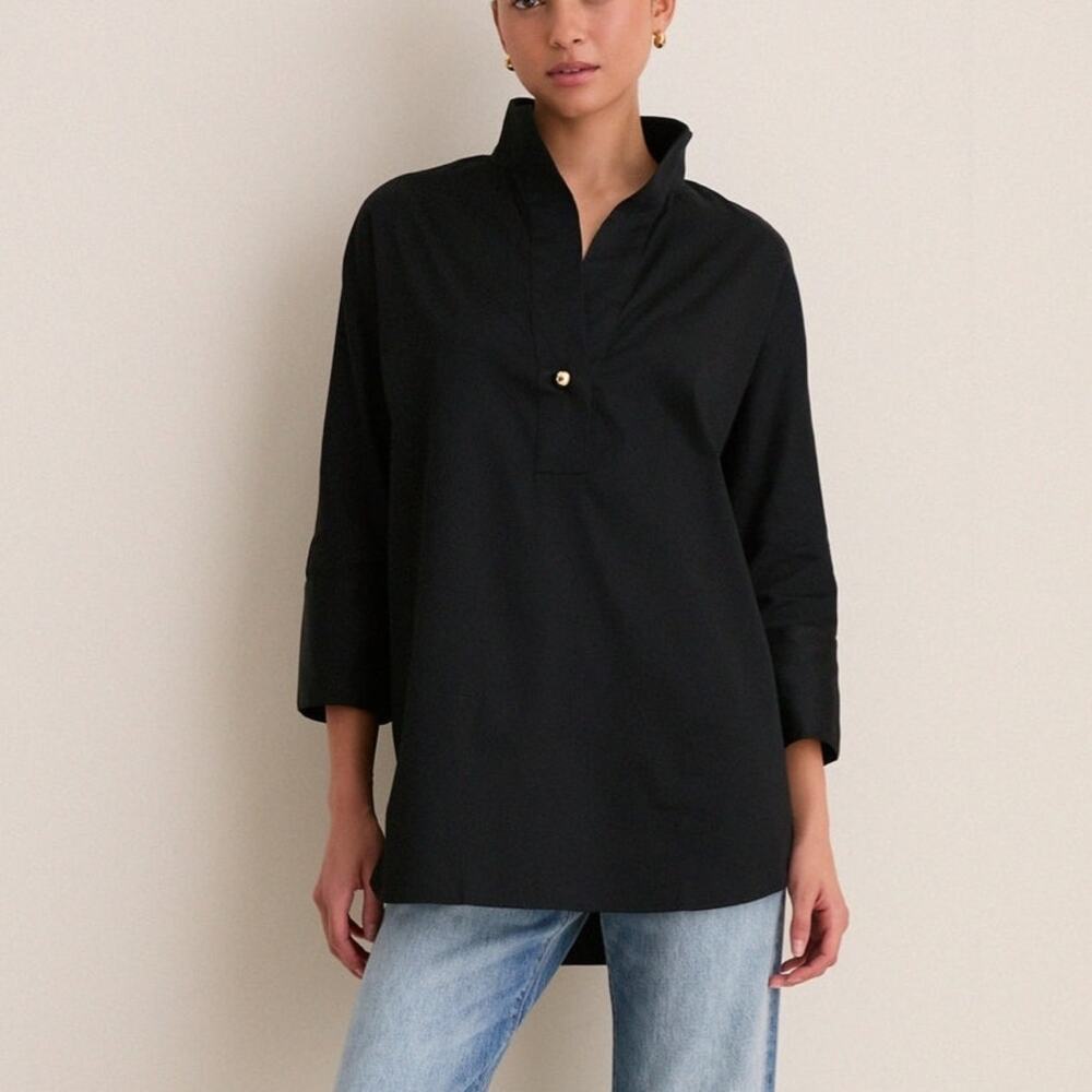 Tuckernuck (S) Black Noir Willow Cotton Poplin Tunic Blouse High Low Gold Button
